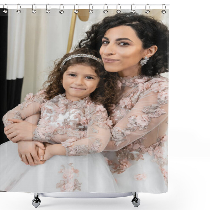 Personality  Cheerful Middle Eastern Bride In Wedding Dress Hugging Happy Girl In Cute Floral Attire In Bridal Salon, Shopping, Special Moment, Mother And Daughter, Happiness, Looking At Camera Shower Curtains