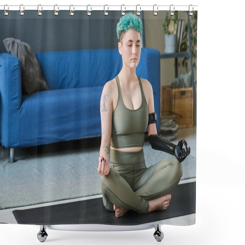 Personality  Young Woman With Prosthetic Arm Meditating In Lotus Position With Her Eyes Closed In The Room Shower Curtains