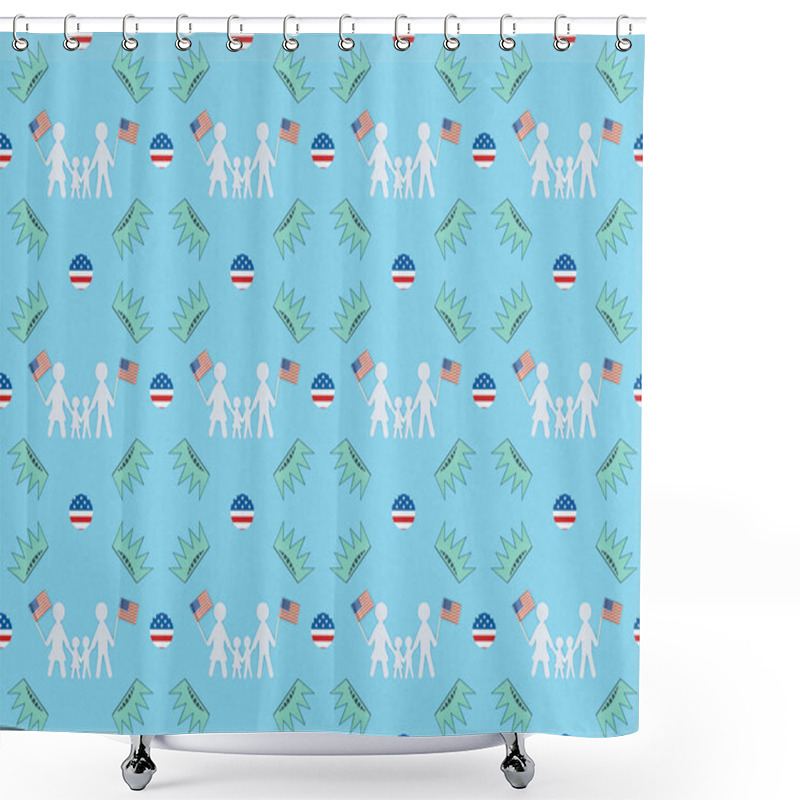 Personality  Seamless Background Pattern With White Paper Cut Families With American Flags And Crowns On Blue, Independence Day Concept Shower Curtains