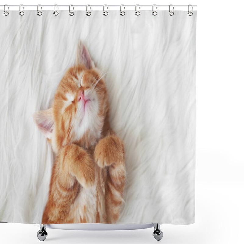 Personality  Cute Little Red Kitten Sleeps On Fur White Blanket Shower Curtains