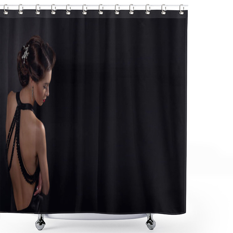 Personality  Beautiful Gorgeous Woman With Elegant Wavy Hairstyle, Bright Make Up. Fashion Brunette Wearing Black Dress Posing Isolated On Black Background. Classic Makeup In Eyelid Arrows And Red Lipstick Shower Curtains