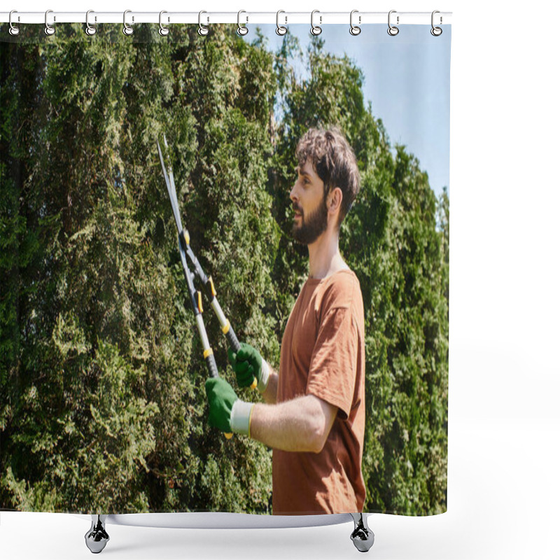 Personality  Bearded Gardener In Gloves Trimming Fir Tree With Big Gardening Scissors While Working Outdoors Shower Curtains