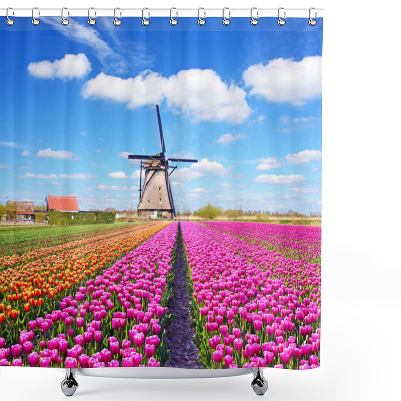 Personality  A Magical Landscape Of Tulips And Windmills In The Netherlands. (Relaxation, Meditation, Anti-stress - Concept) Shower Curtains