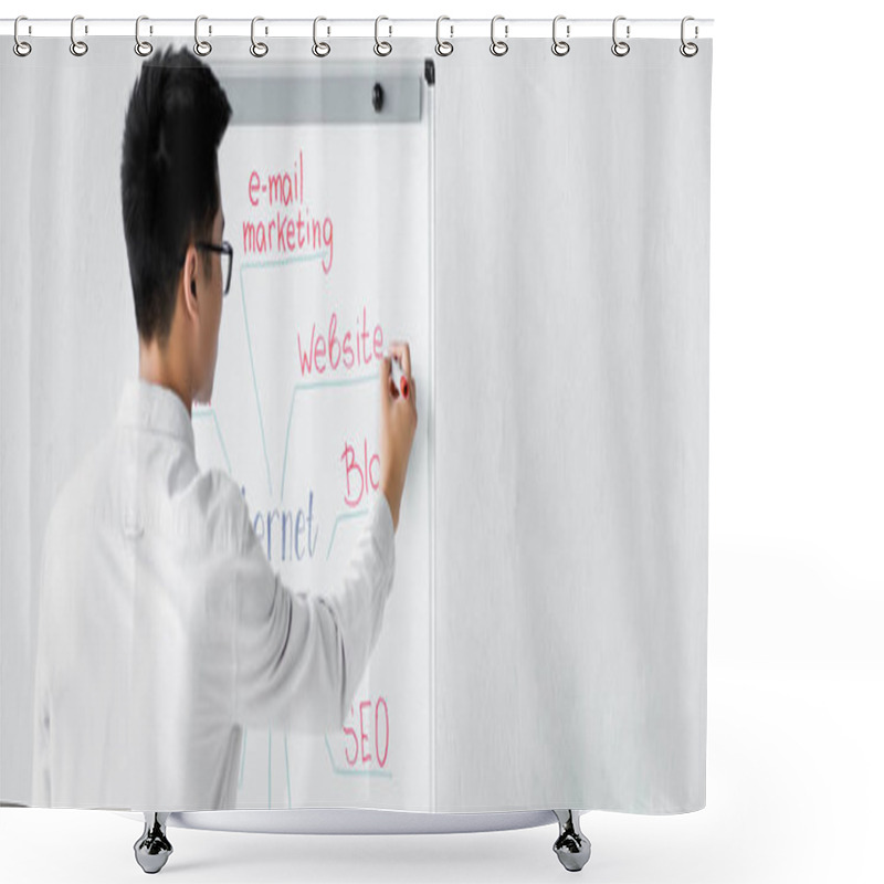 Personality  Panoramic Shot Of Seo Manager Writing On Flipchart Website  Shower Curtains