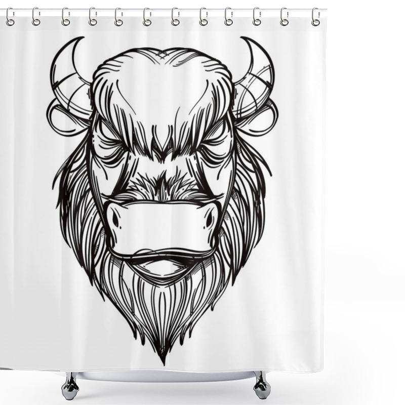 Personality  Buffalo Or Bull Head. Outline Vector Illustration Isolated On White Background For Tattoos, Posters, Printing On T-shirts And Other Items. Shower Curtains