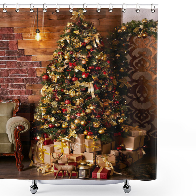 Personality  High Beautiful Christmas Tree In The Home Interior. Packed Gifts Under The Tree Shower Curtains