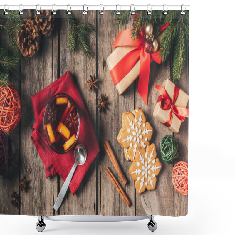 Personality  Top View Of Glass With Hot Mulled Wine With Gingerbread, Fir Tree And Gift Boxes Shower Curtains