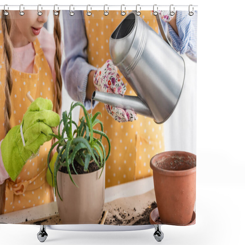 Personality  Cropped View Of Woman Watering Aloe Near Child With Shovel In Kitchen Shower Curtains