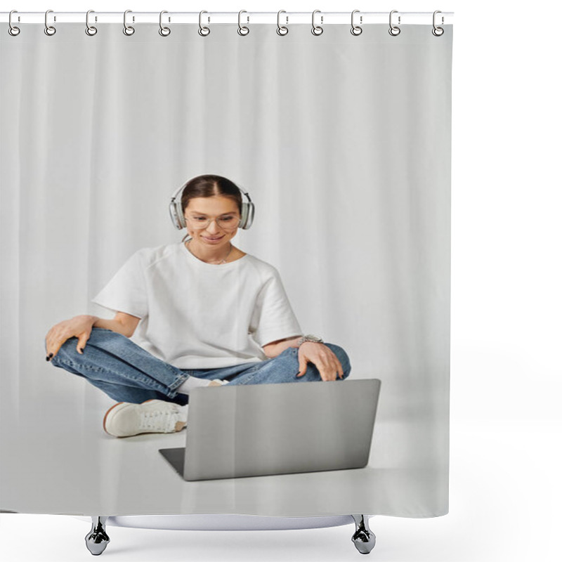 Personality  Young Woman In White T-shirt And Glasses Sits On Floor With Laptop, Focused In Headphones. Shower Curtains