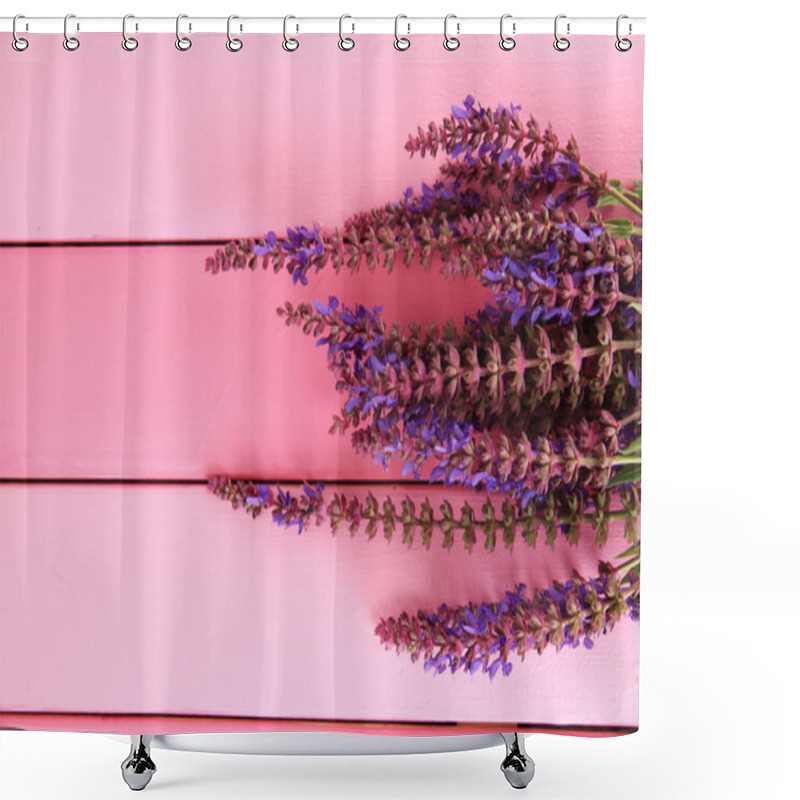 Personality  Salvia Flowers On Pink Wooden Background Shower Curtains