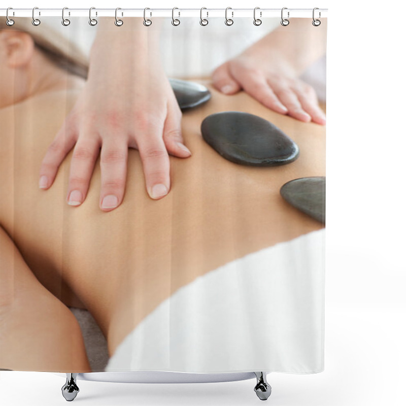 Personality  Close-up Of A Delighted Woman Relaxing On A Massage Table Shower Curtains