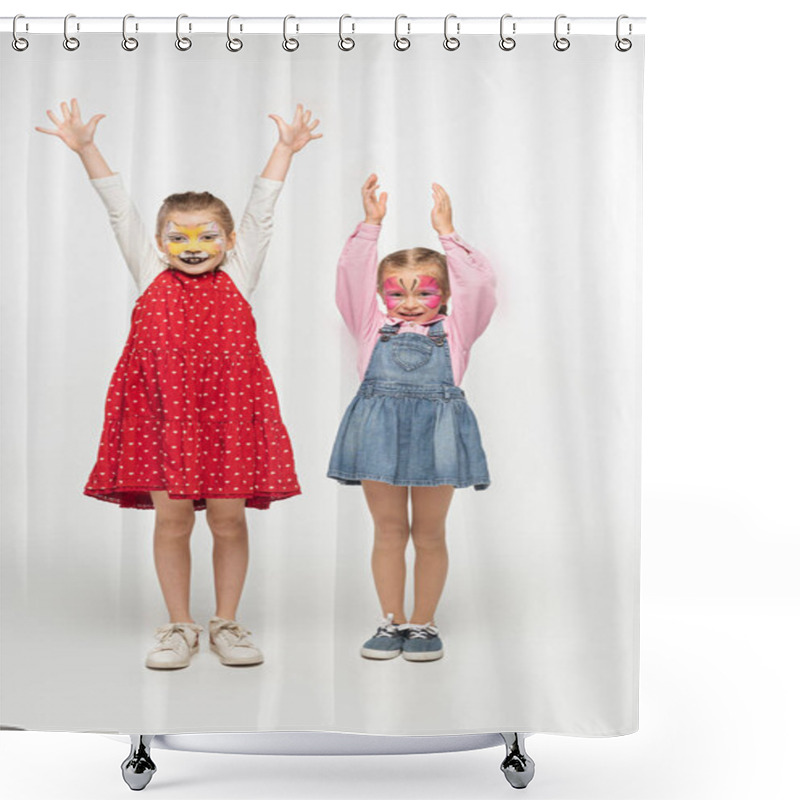 Personality  Full Length View Of Adorable Children With Cat Muzzle And Butterfly Paintings On Faces Standing With Raised Hands On White Background Shower Curtains