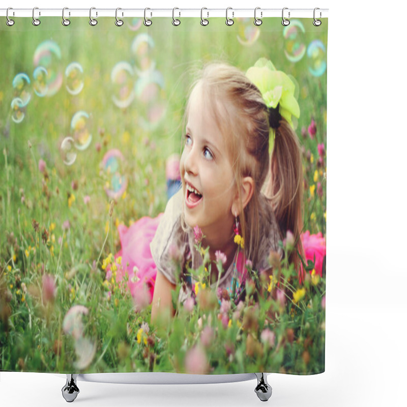 Personality  Happy Little Girl Playing With Bubbles Shower Curtains