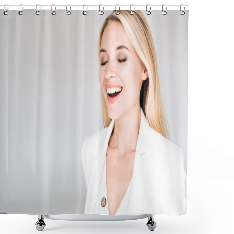 Personality  Happy Beautiful Young Blonde Woman In Total White Outfit With Closed Eyes Isolated On Grey Shower Curtains