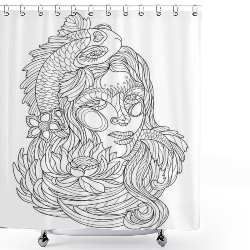 Personality  Vector Line Drawing Girl Flower Crown Flowy Hair. Digital Lineart Image Woman Floral Sea Decoration Hairstyle. Outline Artwork Design Lady Foliage Adorned Head. Shower Curtains