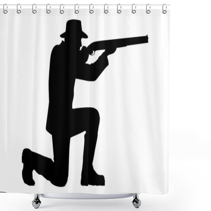 Personality  Hunter Kneeling And Shooting Silhouette. Vector Illustration Shower Curtains