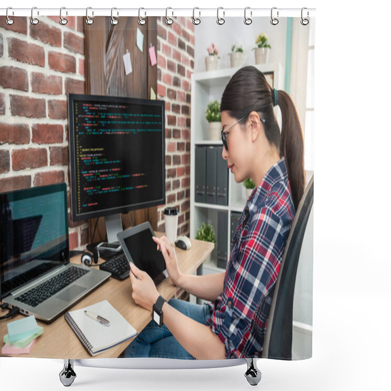 Personality  Portrait Of A Female Programmer Touching The Screen Of Tablet Sitting In The Office. Shower Curtains