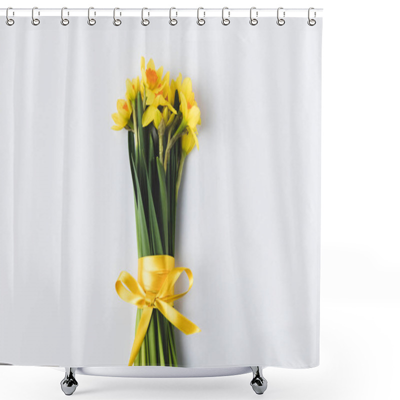 Personality  Beautiful Blooming Daffodils Flowers With Yellow Ribbon Isolated On Grey Shower Curtains