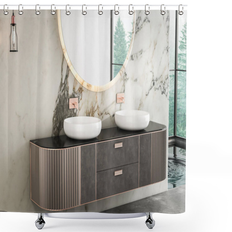 Personality  A Luxurious Bathroom With A Double Sink Vanity, Marble Walls, Concrete Flooring, A Small Pool, And A Forest View From The Window.3d Rendering Shower Curtains