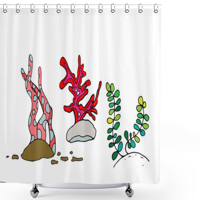 Personality  Set Of Contour Image Of Seaweed, Corals. Simple Doodle Style Vector Illustration. Shower Curtains