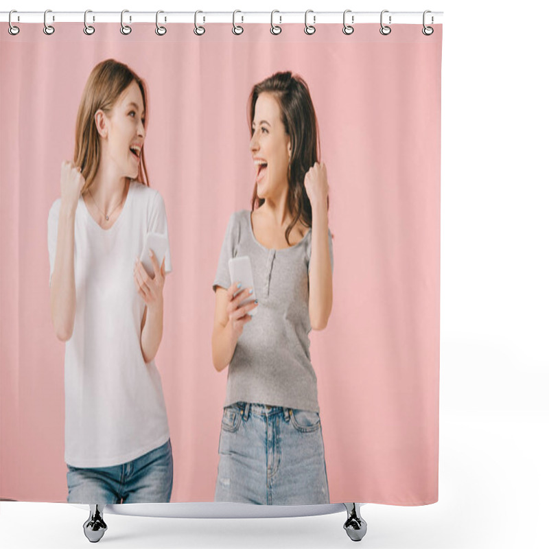 Personality  Attractive And Smiling Women In T-shirts Holding Smartphones And Showing Yes Gesture Isolated On Pink Shower Curtains