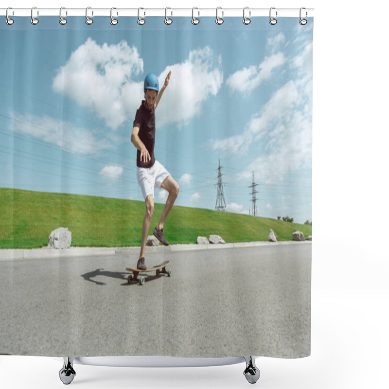 Personality  Skateboarder Doing A Trick At The Citys Street In Sunny Day Shower Curtains