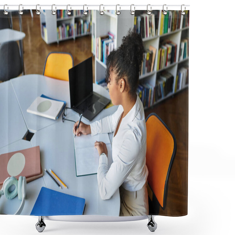 Personality  An Inspiring Teacher Thoughtfully Prepares Lessons While Seated At A Dynamic Library Workspace. Shower Curtains