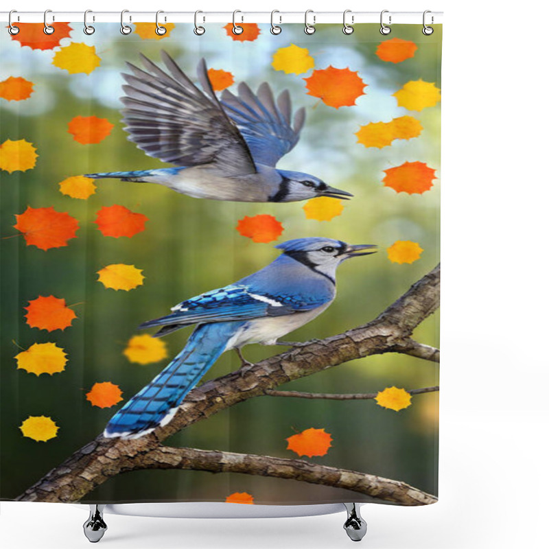 Personality  Create An Artwork Of A Lively Blue Jay Fluttering Between Branches, With Bright Orange And Yellow Leaves. Shower Curtains