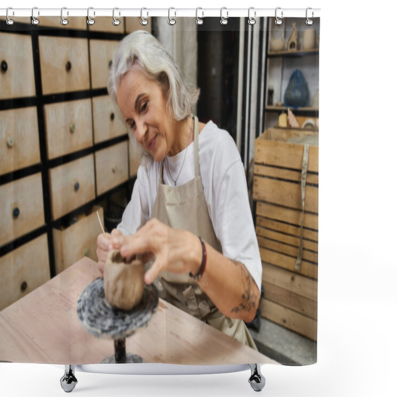 Personality  A Skilled Woman Enjoys Shaping Clay Into Beautiful Pottery In Her Welcoming Studio Space. Shower Curtains