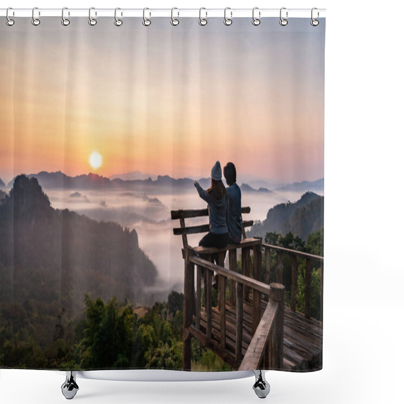 Personality  Young Couple Traveler Looking At Sea Of Mist And Sunset Over The Mountain At Mae Hong Son, Thailand Shower Curtains