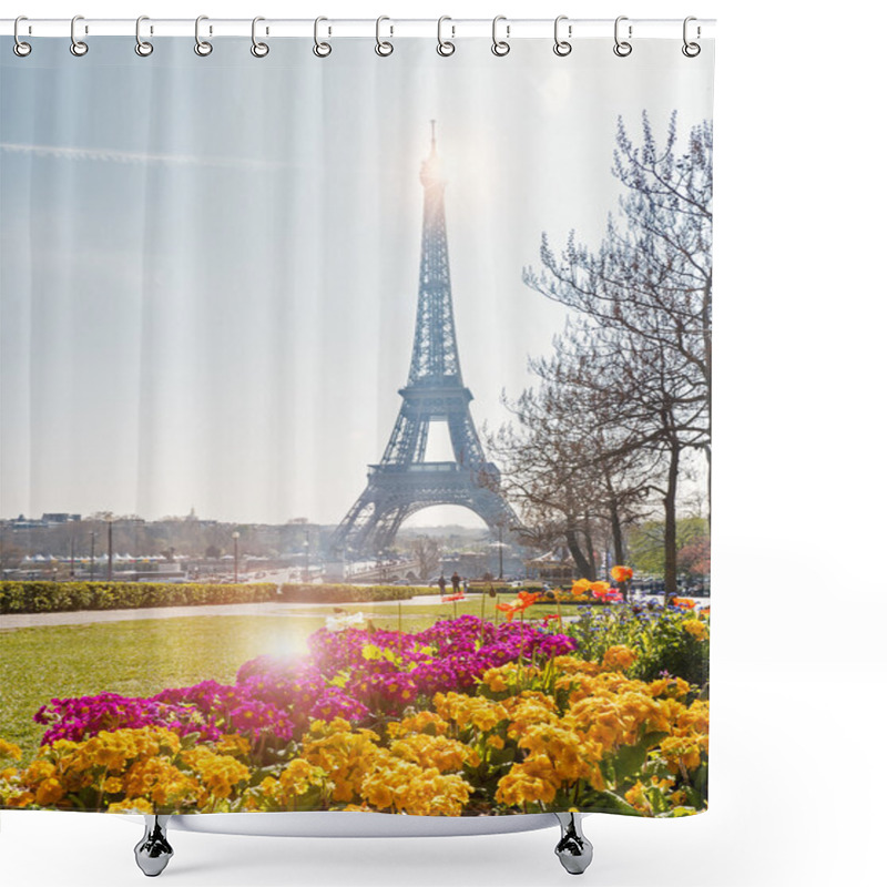 Personality  Eiffel Tower With Flowers In The Foreground In Paris Shower Curtains