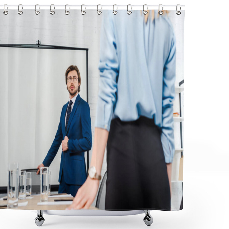 Personality  Cropped Shot Of Business Colleagues Talking At Conference Hall At Modern Office Shower Curtains