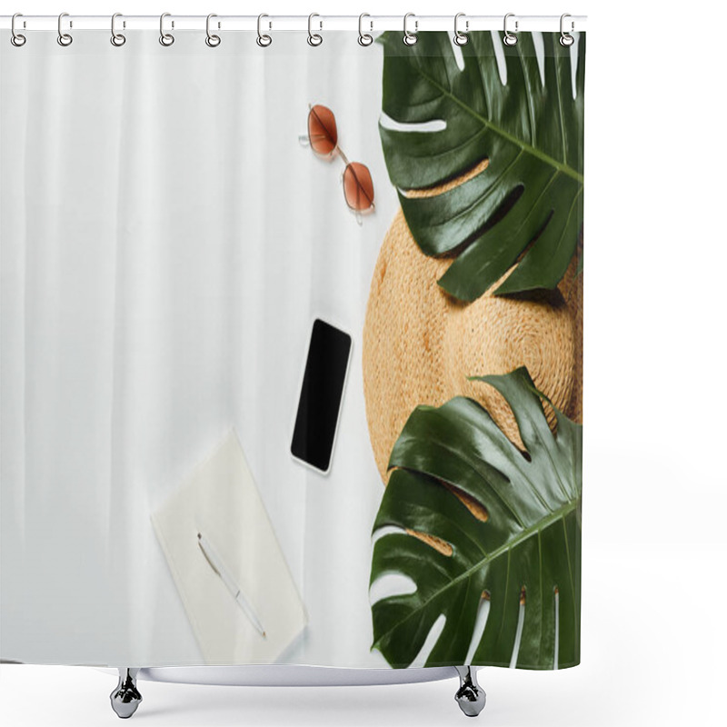 Personality  Top View Of Green Palm Leaves, Straw Hat, Sunglasses And Notepad With Smartphone On White Background Shower Curtains