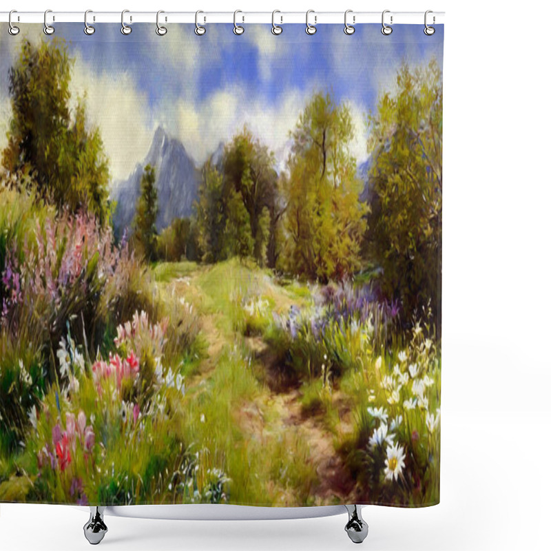 Personality  Digital Oil Paintings Landscape, Spring In The Mountains. Fine Art, Artwork Shower Curtains