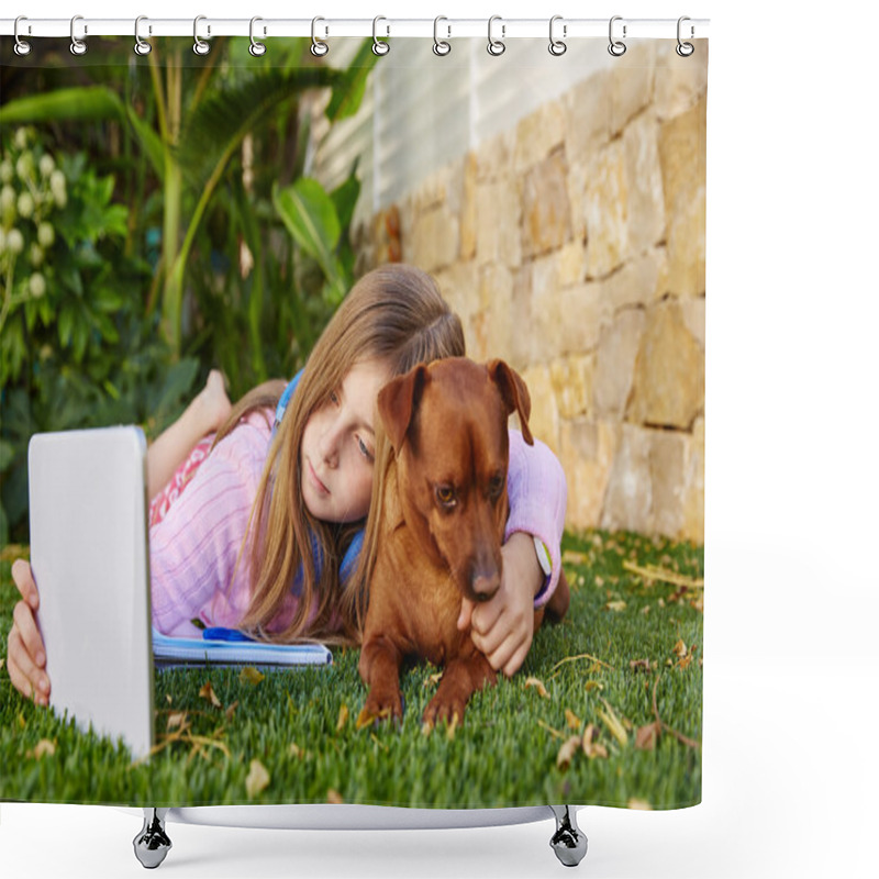 Personality  Blond Kid Girl Selfie Photo Tablet Pc And Dog Shower Curtains