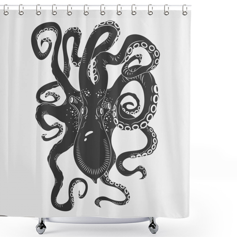 Personality  Black Danger Cartoon Octopus Characters With Curling Tentacles Swimming Underwater, Isolated On White. Tattoo Or Pattern On A T-shirt, Poster Or Logo, Vector Illustration Shower Curtains