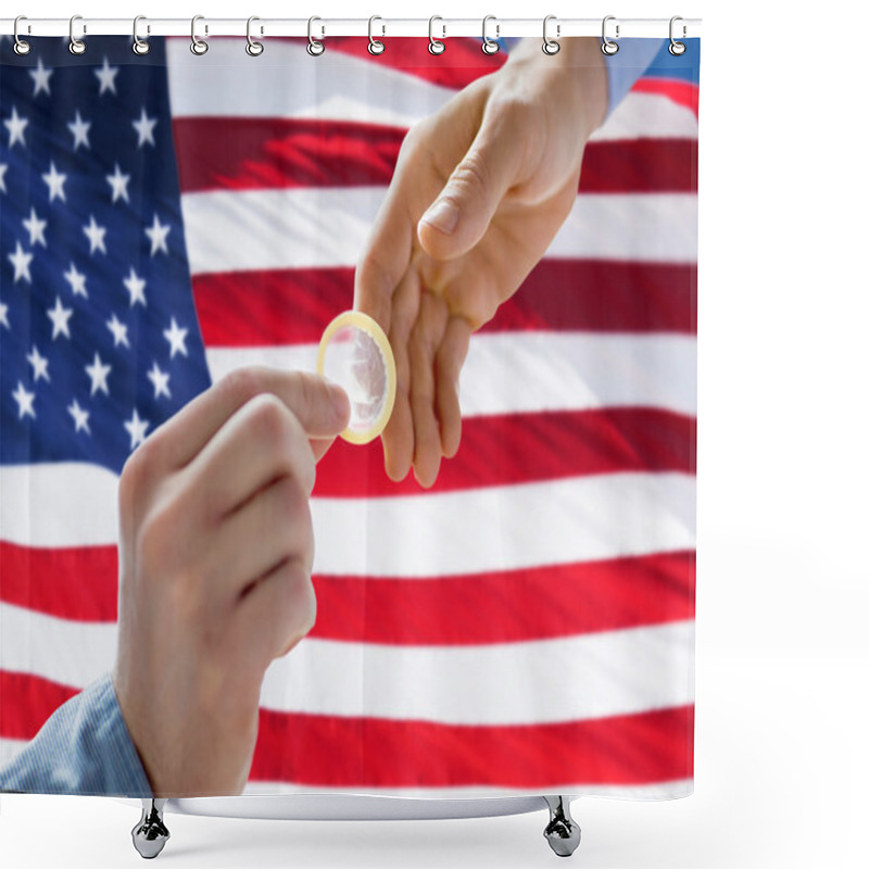 Personality  Close Up Of Male Gay Couple Hands Giving Condom Shower Curtains