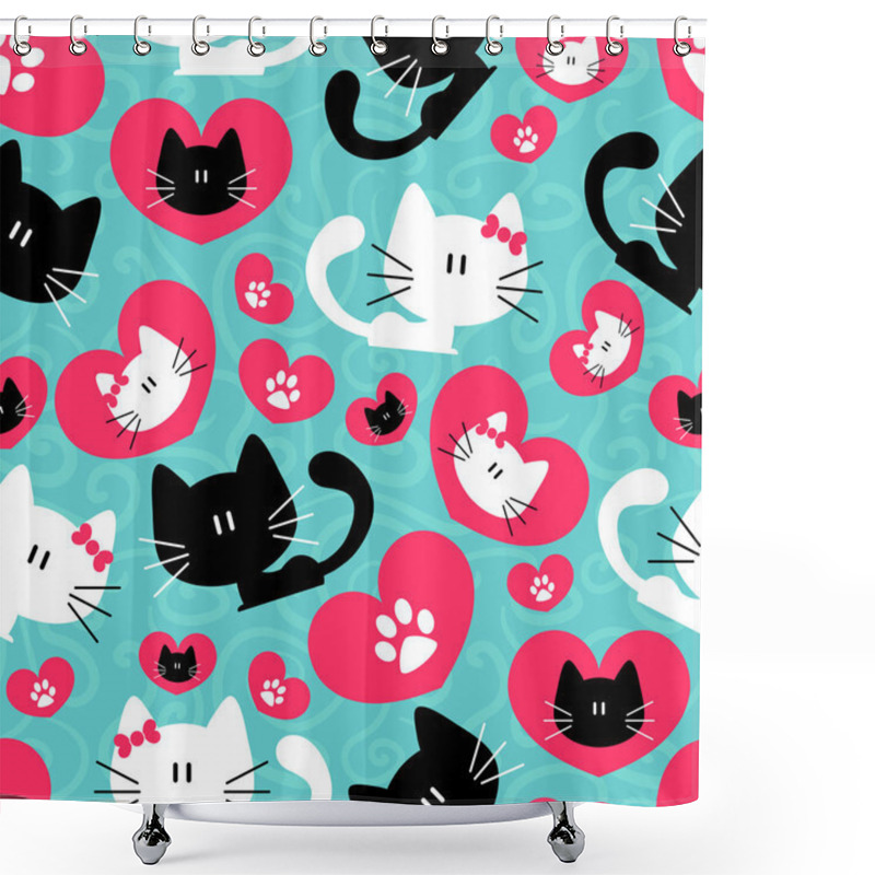 Personality  Romantic Seamless Pattern With Cute Couple Of Cats Shower Curtains