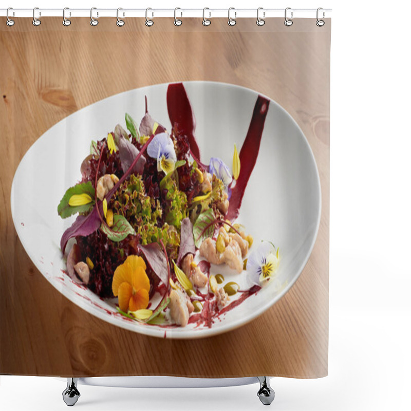 Personality  Fresh Salad With Chicken, Lettuce And Edible Pansies On White Plate. Shower Curtains