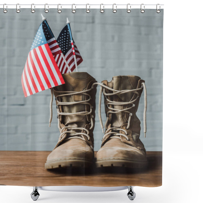 Personality  Military Boots And American Flags With Stars And Stripes On Wooden Table  Shower Curtains