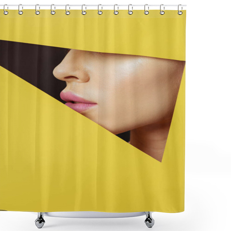 Personality  Cropped View Of Female Face With Pink Lips In Triangular Hole In Yellow Paper On Black Shower Curtains