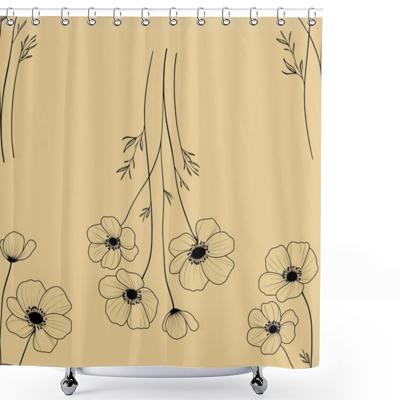 Personality  Seamless Pattern Anemone Elegant Flowers Outline Big Design On Pastel Yellow Background For Prints, Textiles, Packaging, Fabrics, And Wrapping Paper Shower Curtains