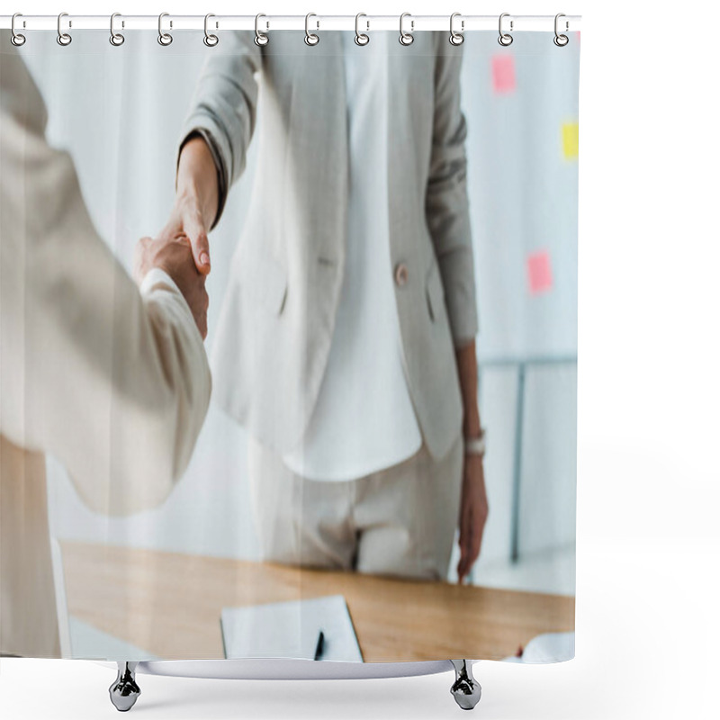 Personality  Cropped View Of Recruiter And Employee Shaking Hands While Standing  In Office  Shower Curtains