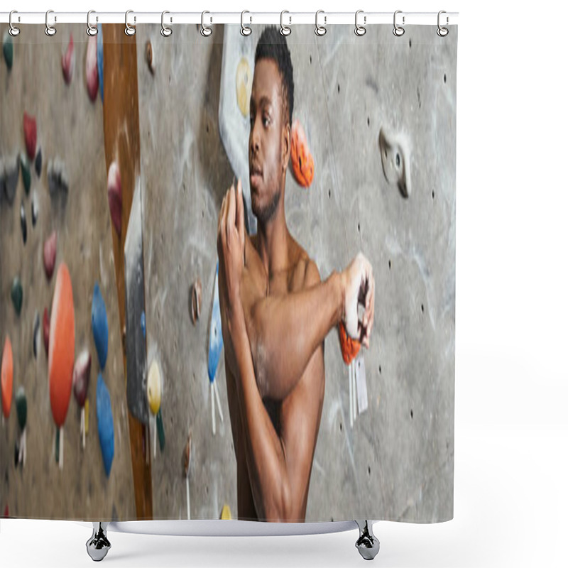 Personality  Good Looking Jolly African American Man With His Shirt Off Stretching His Arms, Looking Away, Banner Shower Curtains