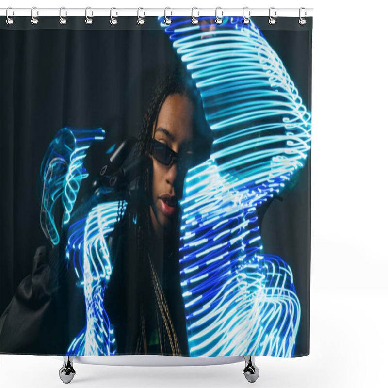 Personality  Stylish African American Woman In Smart Glasses Posing Near Abstract Neon Lights On Grey Background  Shower Curtains