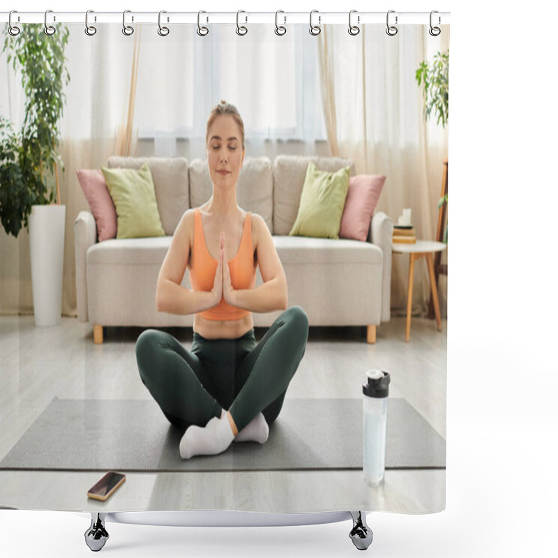 Personality  Middle-aged Woman Practices Yoga In Front Of A Sofa. Shower Curtains