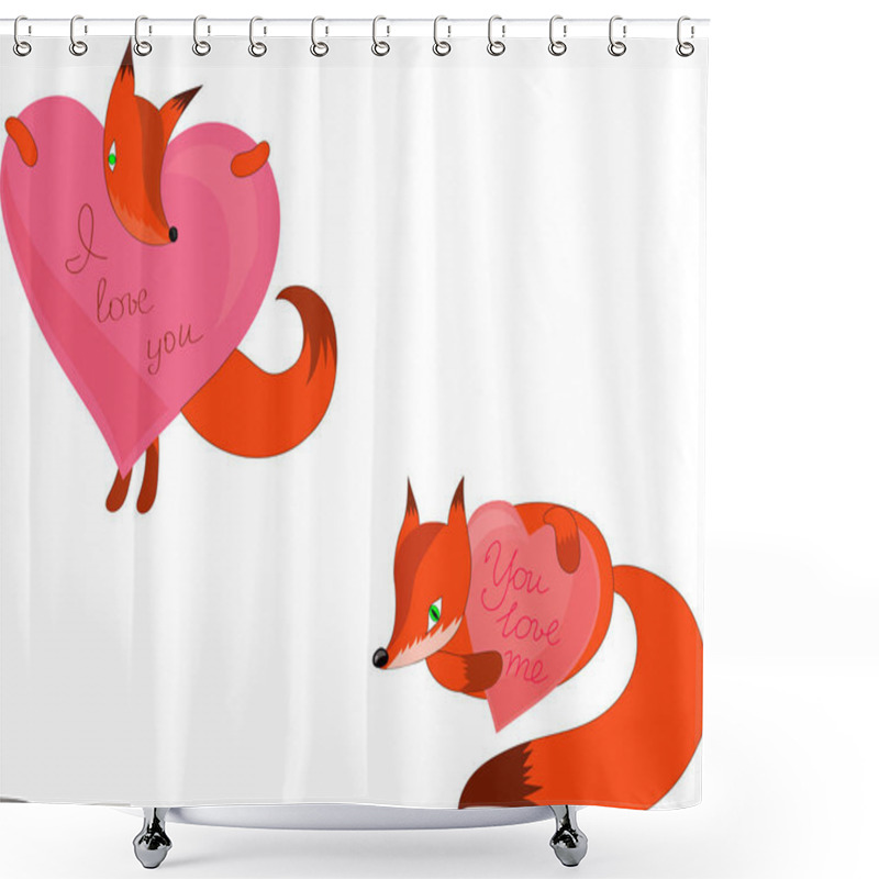 Personality  Vector Two Red Cute Foxes And Pink Hearts With By-lines Shower Curtains