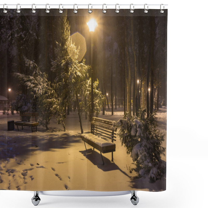 Personality  Winter Night Landscape- Bench Under Trees And Shining Street Lights Falling Snowflakes. Shower Curtains