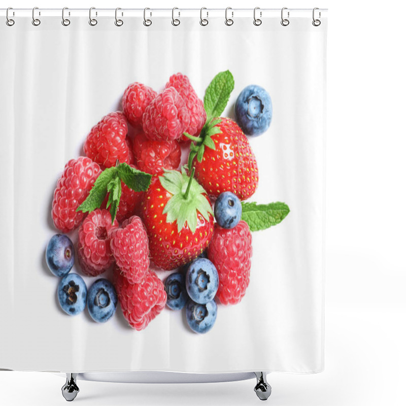 Personality  Raspberries, Strawberries And Blueberries On White Background Shower Curtains