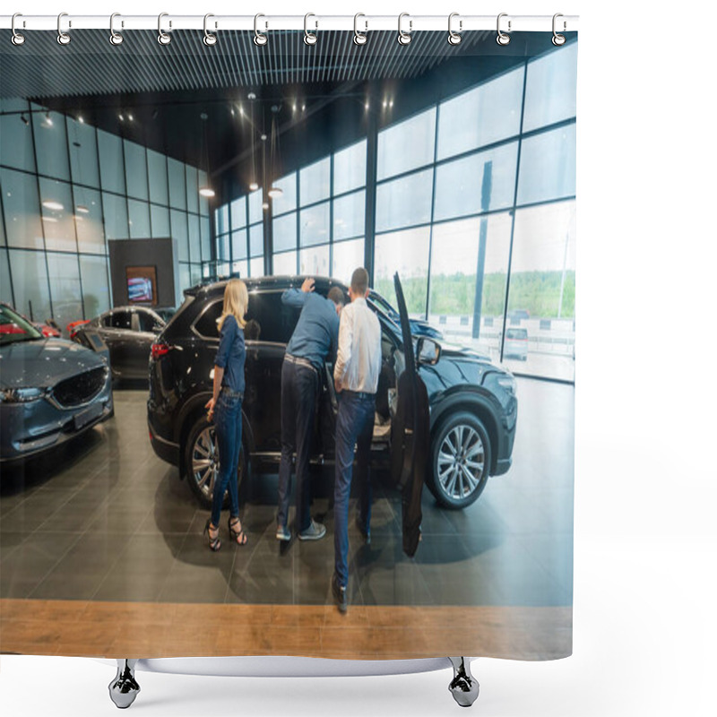 Personality  The Seller Demonstrates The Interior Of The Car To Buyers. Caucasian Couple Chooses A Car Shower Curtains